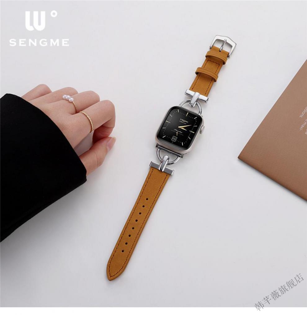 适用华强北s7新款金属皮质苹果手表表带iwatch7/654seins d字扣皮带