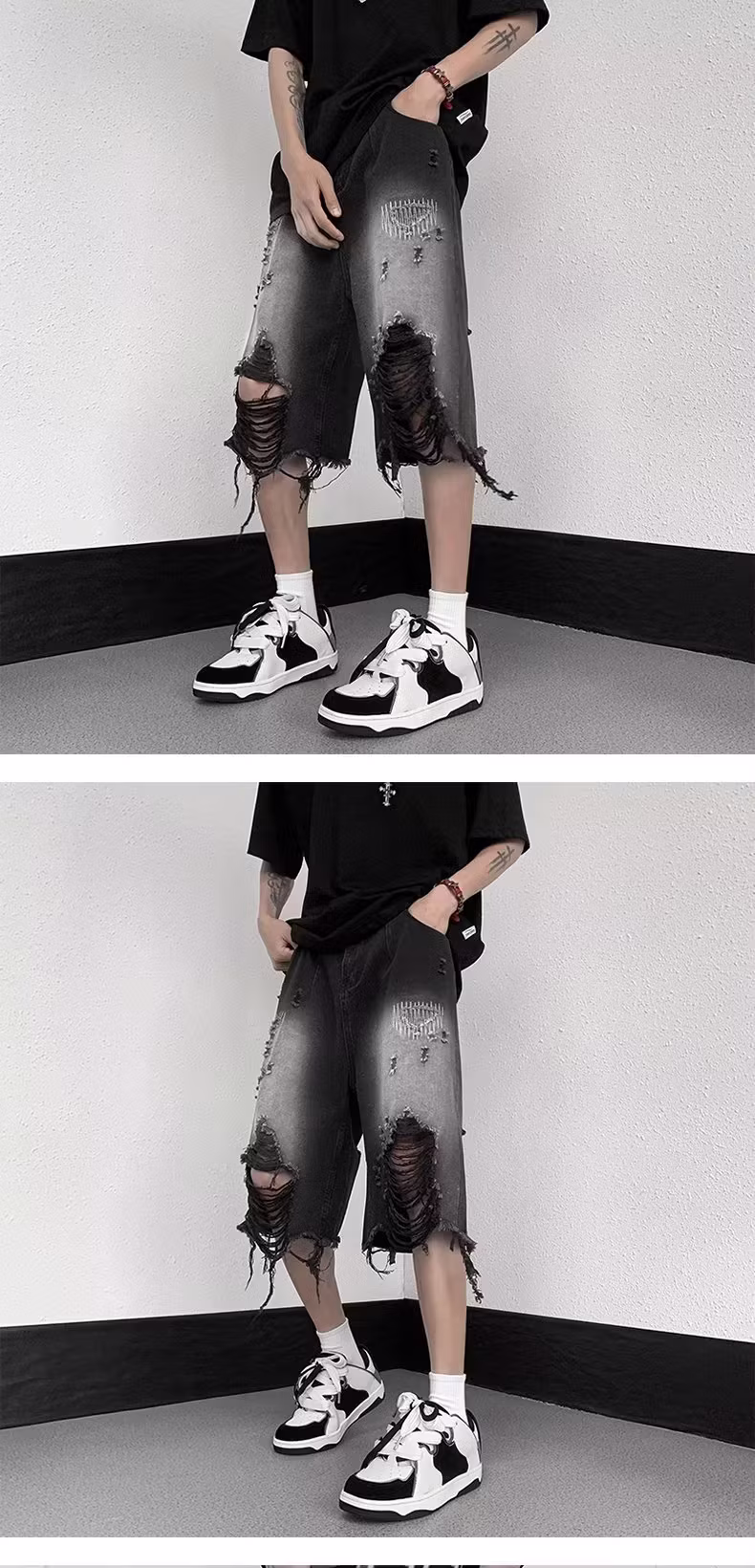 Ripped Beggar Pants Men's Summer Thin Loose Straight Denim Shorts Teen Student Ruffian Handsome Knee Six-point Pants, Black XL_mkmklike.com