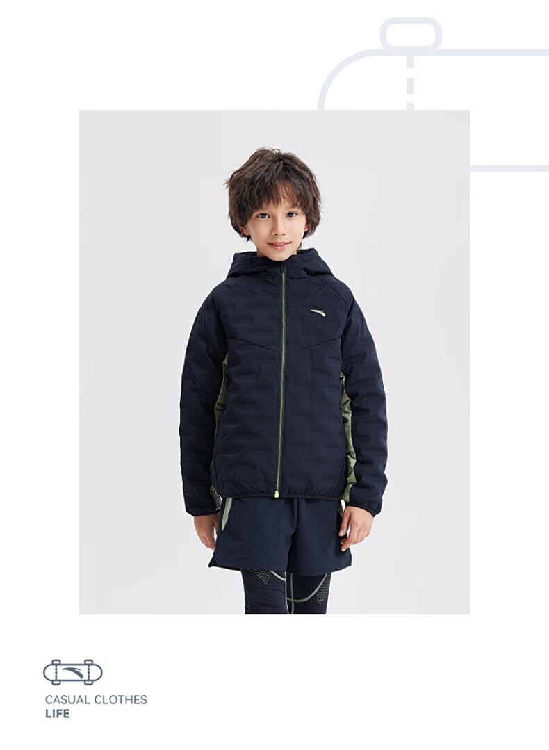 安踏儿童羽绒服男童连帽轻薄羽绒服2022年冬季新款简约保暖羽绒服6-16