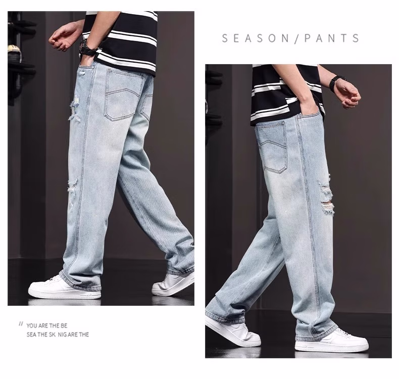 Ripped Jeans Men's 2025 Summer Trendy Brand Loose Straight Casual Pants Personalized Fashion Youth Versatile Beggar Pants, Light Blue 29_mkmklike.com
