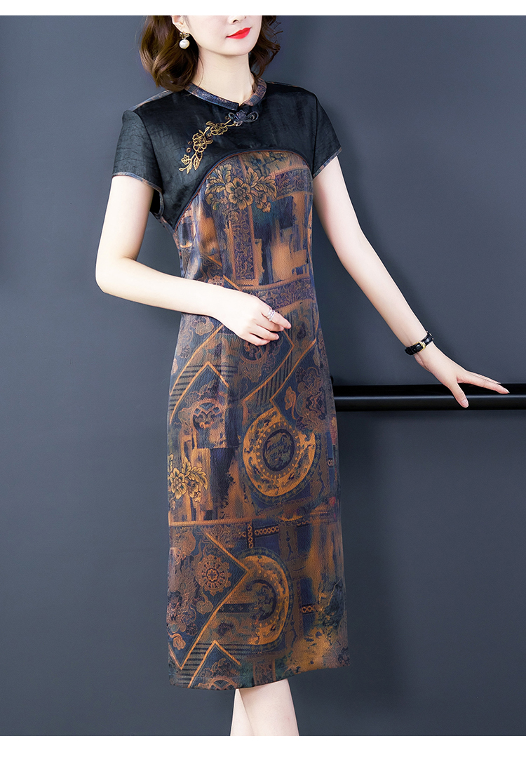 香云纱女装专柜正品连衣裙旗袍贵夫人裙子 灰花 3xl【图片 价格 品牌
