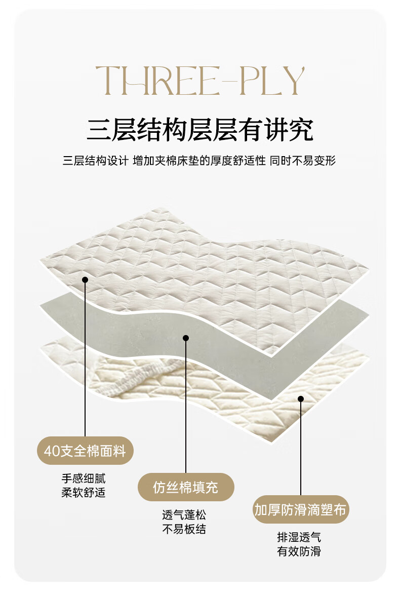 9，卡帝樂鱷魚（CARTELO）褥子1.5米x2米40支全棉夾棉牀墊學生宿捨牀褥薄墊單雙人機洗水洗 本白 0.9m