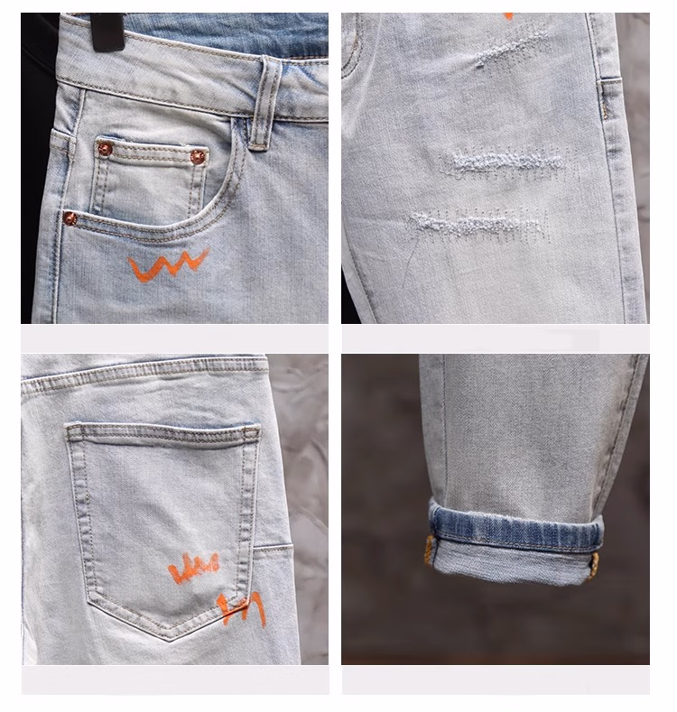 Summer Washed Ripped Jeans Men's Korean Version Of Trend Graffiti Versatile Casual Slim-fit Straight-leg Nine-point Pants, Blue 28_mkmklike.com