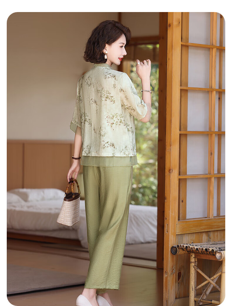 Hengyuanxiang Middle-Aged And Elderly Women's Clothing, 2026 New Style for Ages 50-60 And 70, Fashionable Mom Outfit, Summer Wear, New Chinese-Style National Trend Short-Sleeve Set 10