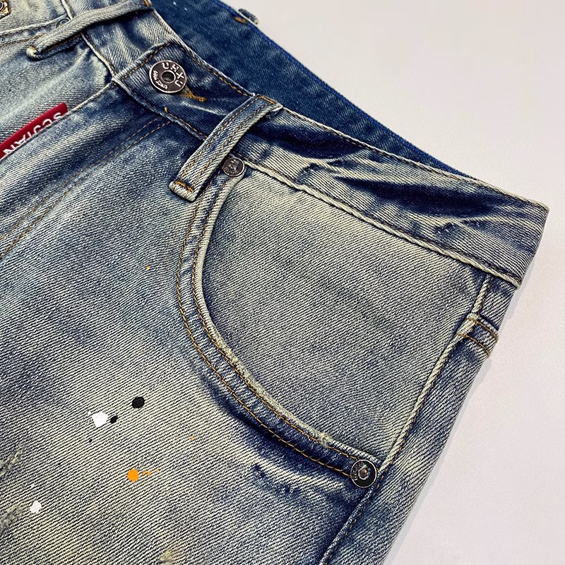 Ink-splashing Denim Shorts Men's Summer American Retro Ripped Beggar Five-point Pants Loose Straight Slim Trendy Pants, Blue 28_mkmklike.com