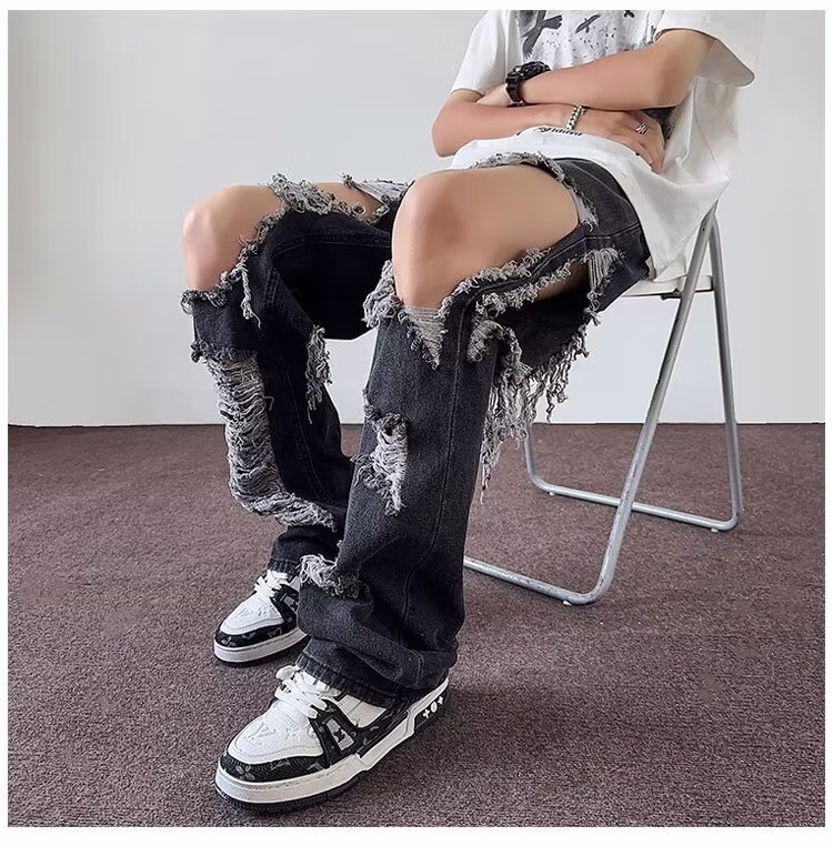 American Retro Ripped Jeans Men's Summer Loose Casual Student Niche Design Sense Beggar Wide-leg Slacks, Black S_viptrois.com
