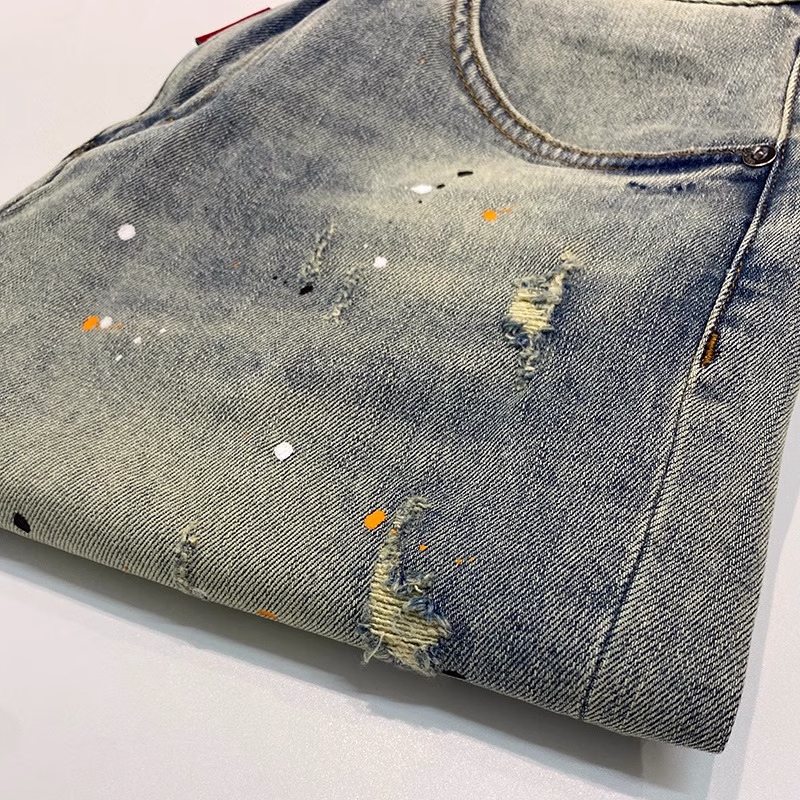 Ink-splashing Denim Shorts Men's Summer American Retro Ripped Beggar Five-point Pants Loose Straight Slim Trendy Pants, Blue 28_mkmklike.com