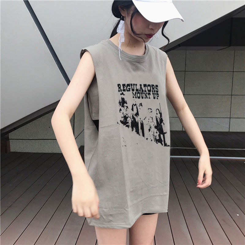 砍袖背心女中长款假两件防走光无袖t恤女坎肩外穿复古港风宽松运动