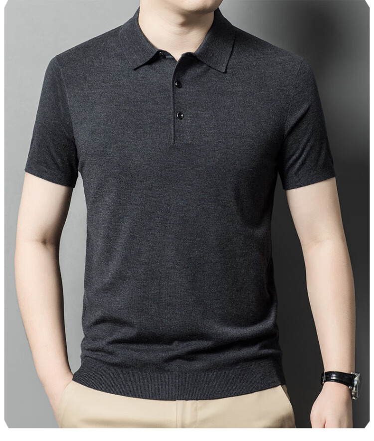 Hengyuanxiang [Contains Wool] Men's Lapel Short-Sleeve Sweater, Middle-Aged Knitted Half-Sleeve Undershirt T-Shirt, Wine Red, L 8