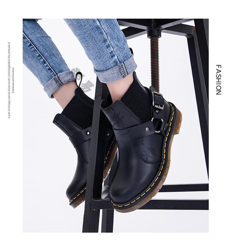 奥康女靴切尔西靴女士情侣大码马丁靴女真皮短靴一脚蹬皮扣靴子 黑色