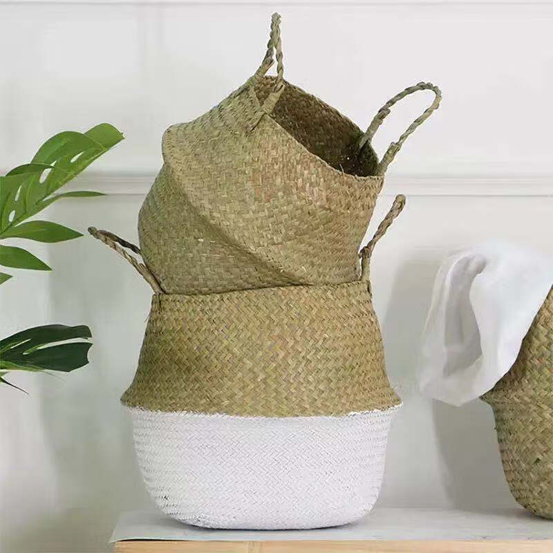 晴芊蒲草收纳筐花盆植物盆可折叠编编篮子手柄提手 原色大肚篮 小口径