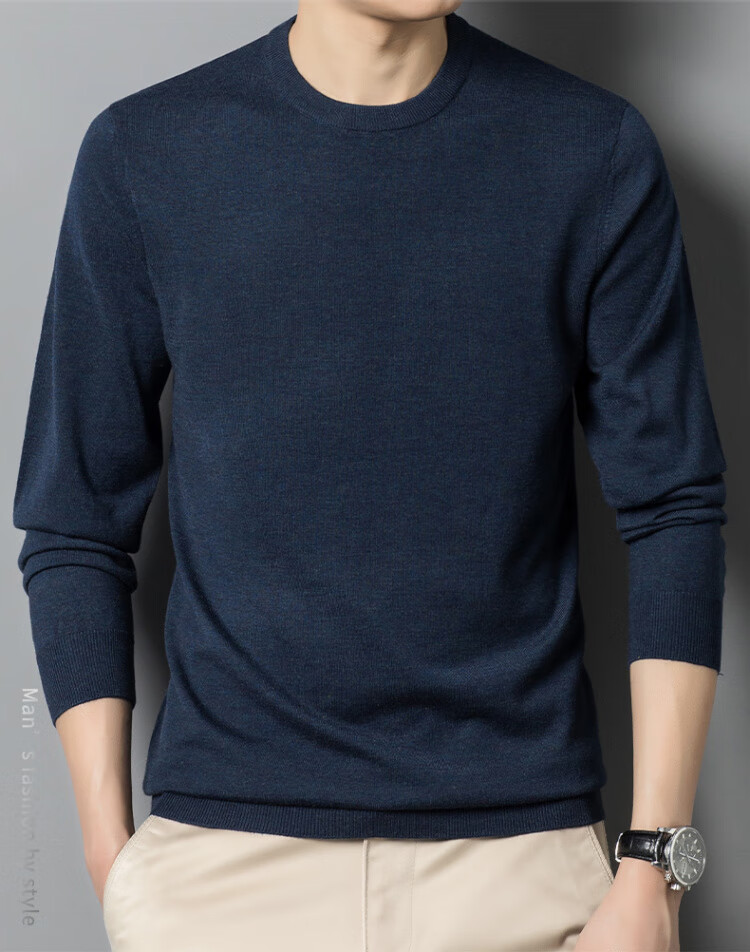 Hengyuanxiang [Wool Included] Spring and Autumn Thin Men's Crew Neck Sweater Middle-aged Knit Base Shirt Solid Color Medium Gray M 19