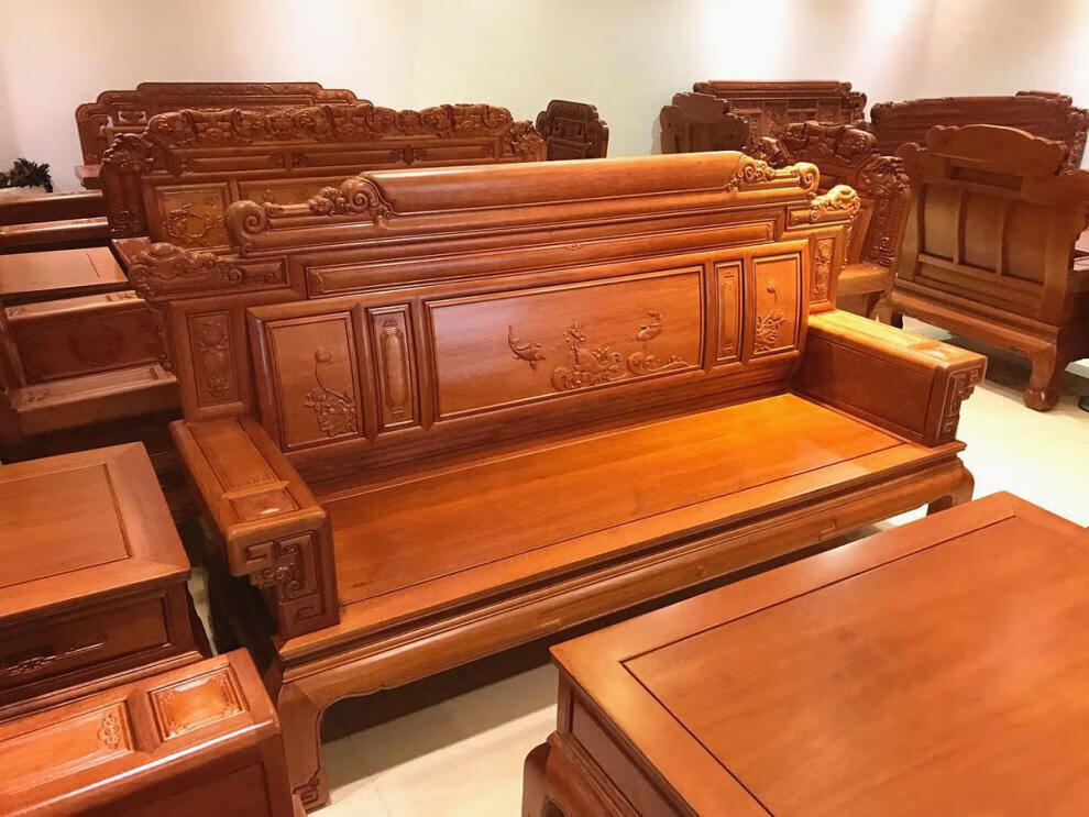 新中式沙发菠萝格实木家具明清仿古梨木素面兰亭序中式轻奢组合 浅