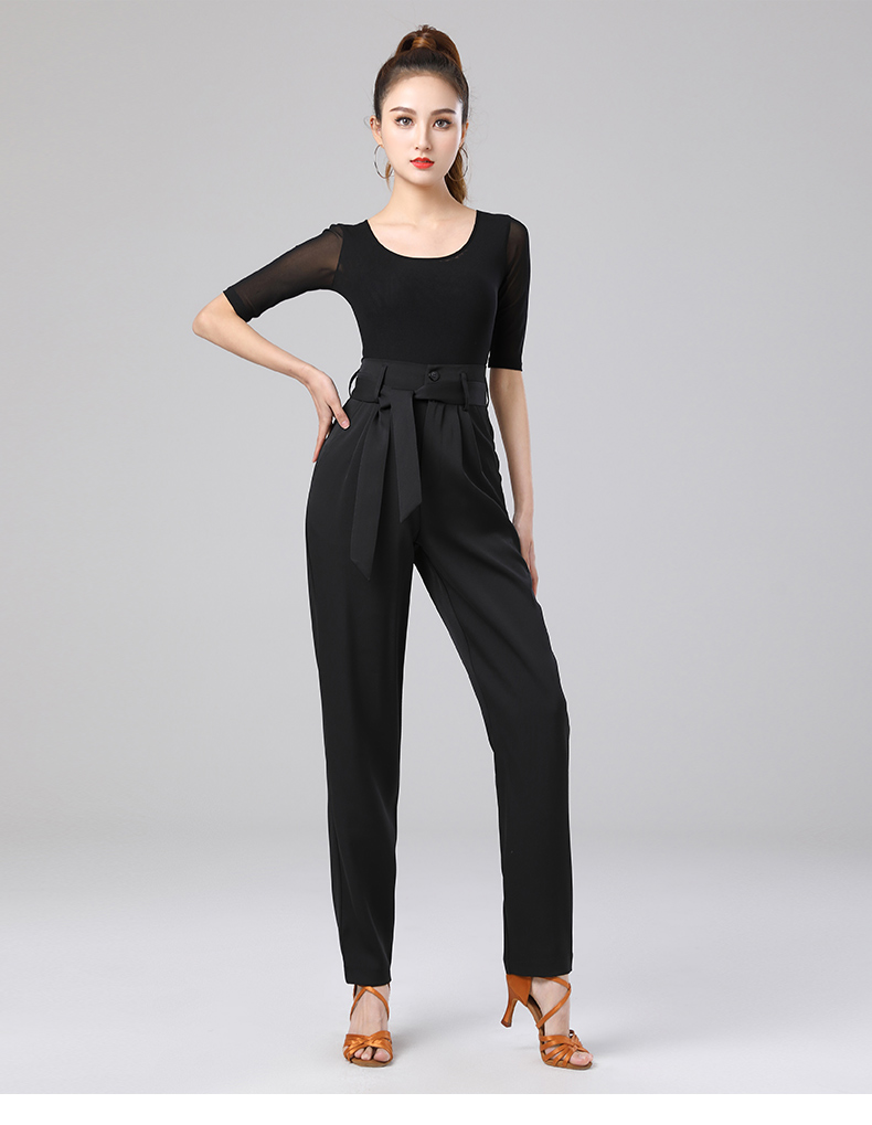 新朵拉丁舞裤子女士春夏高腰国标摩登舞交谊舞练功口袋舞蹈裤 蓝色 30