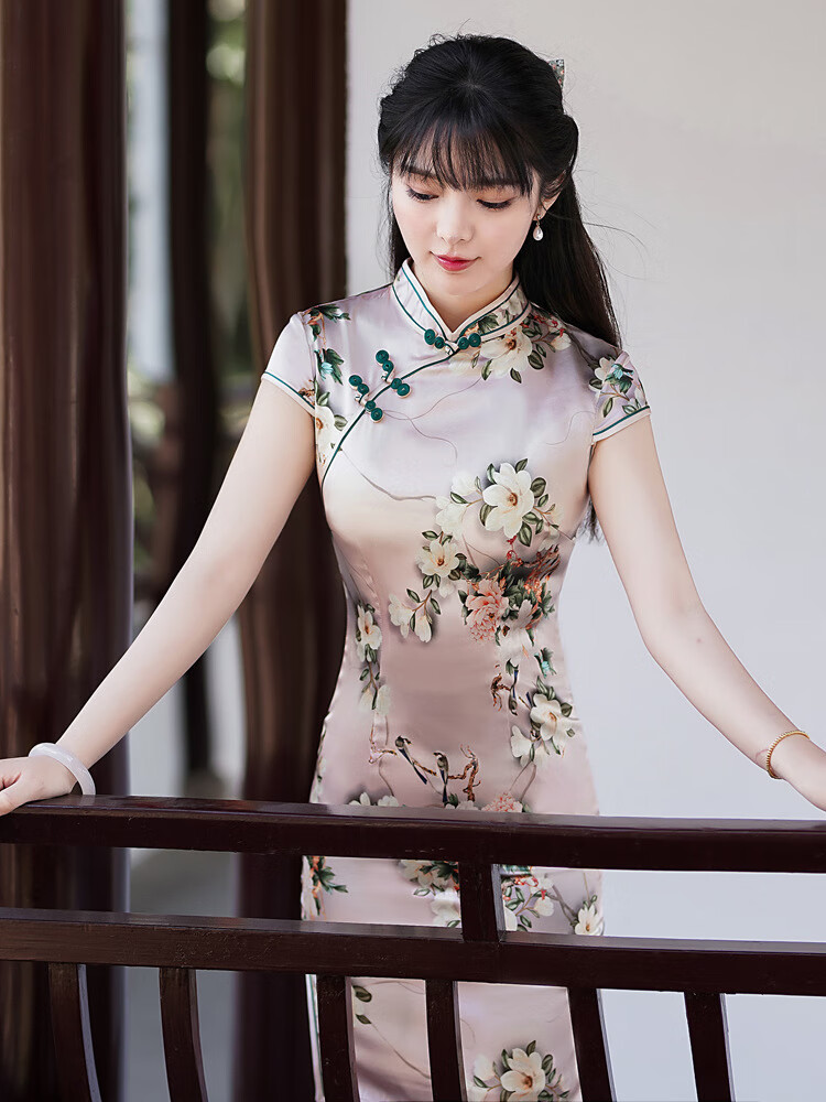 真丝旗袍裙女短款桑蚕丝旗袍2022新款短款桑蚕丝中国风立领真丝改良