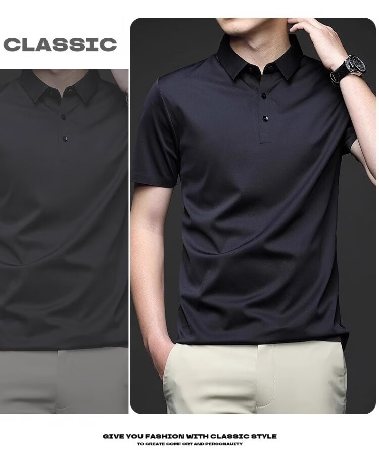Romon Ice Silk Seamless Short Sleeve T-Shirt Men Summer Thin Business Polo Shirt Black XL 14