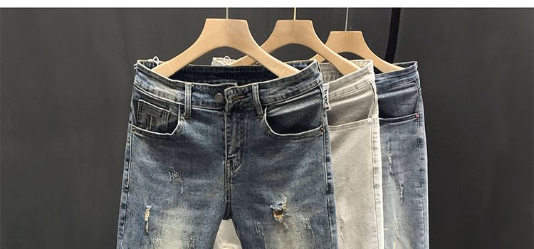Summer Ripped Jeans Men's Korean Version Trendy Slim-fitting Pants Elastic Versatile Retro Old Casual Nine-point Pants, Main Picture Color 28_viptrois.com