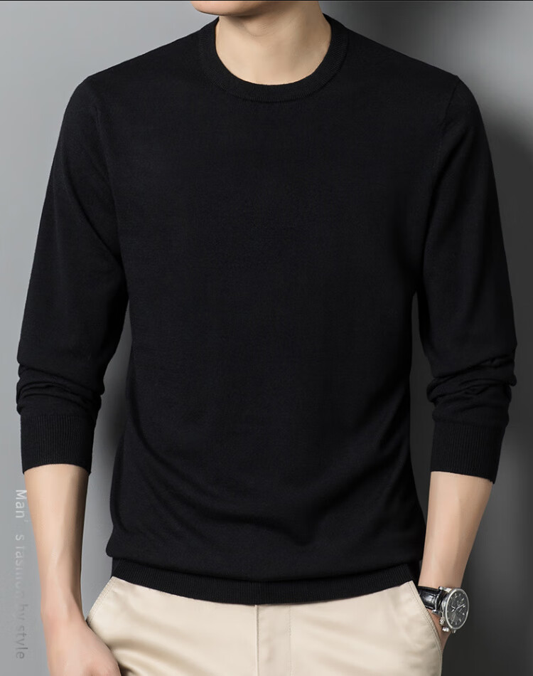 Hengyuanxiang [Wool Included] Spring and Autumn Thin Men's Crew Neck Sweater Middle-aged Knit Base Shirt Solid Color Medium Gray M 18