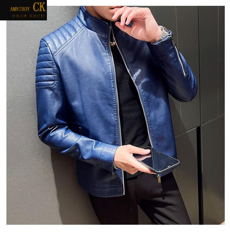 男装秋季皮衣男青年修身男士皮夹克防风外套立领外套 蓝色(不加绒) l