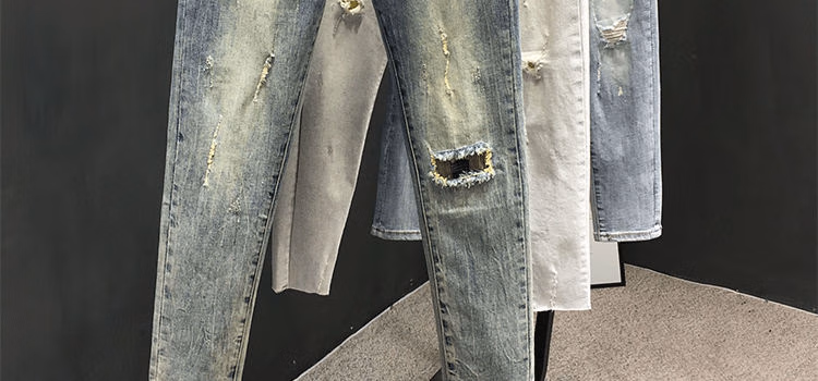 Summer Ripped Jeans Men's Korean Version Trendy Slim-fitting Pants Elastic Versatile Retro Old Casual Nine-point Pants, Main Picture Color 28_viptrois.com