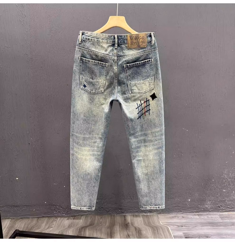 Ripped Jeans Men's Summer Trendy Brand Retro Embroidered Casual Pants Student Ruffian Handsome Straight Slim-fitting Pants, Blue 31_viptrois.com