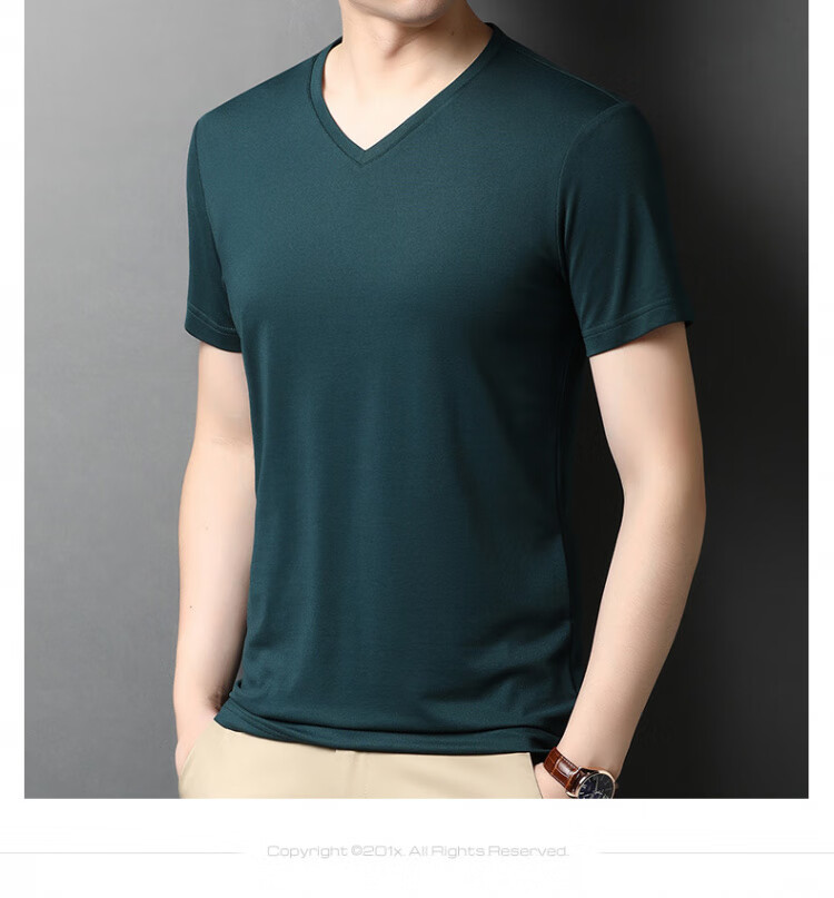 Romons Mulberry Silk Short Sleeve T-Shirt Men Summer V-Neck Solid Color Loose Fit Pure Silk Top Black M 8