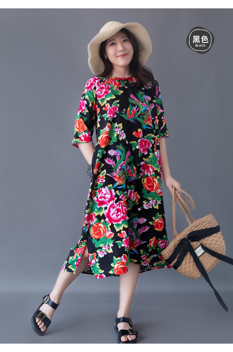 东北大花裙子夏民族风连衣裙女宽松遮肉红色中国风小众 长裙 绿色 l码