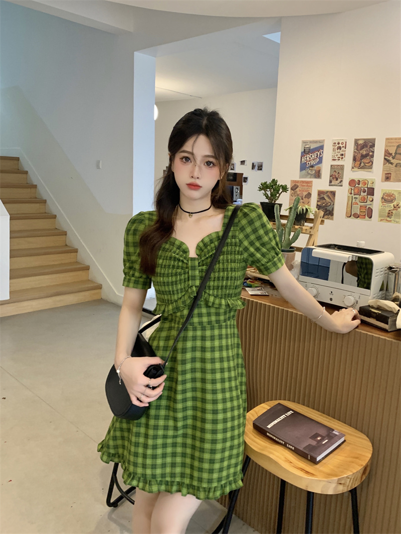 pbmr显白绿色格子短袖连衣裙女法式方领收腰显瘦a字裙 绿色格子-长款