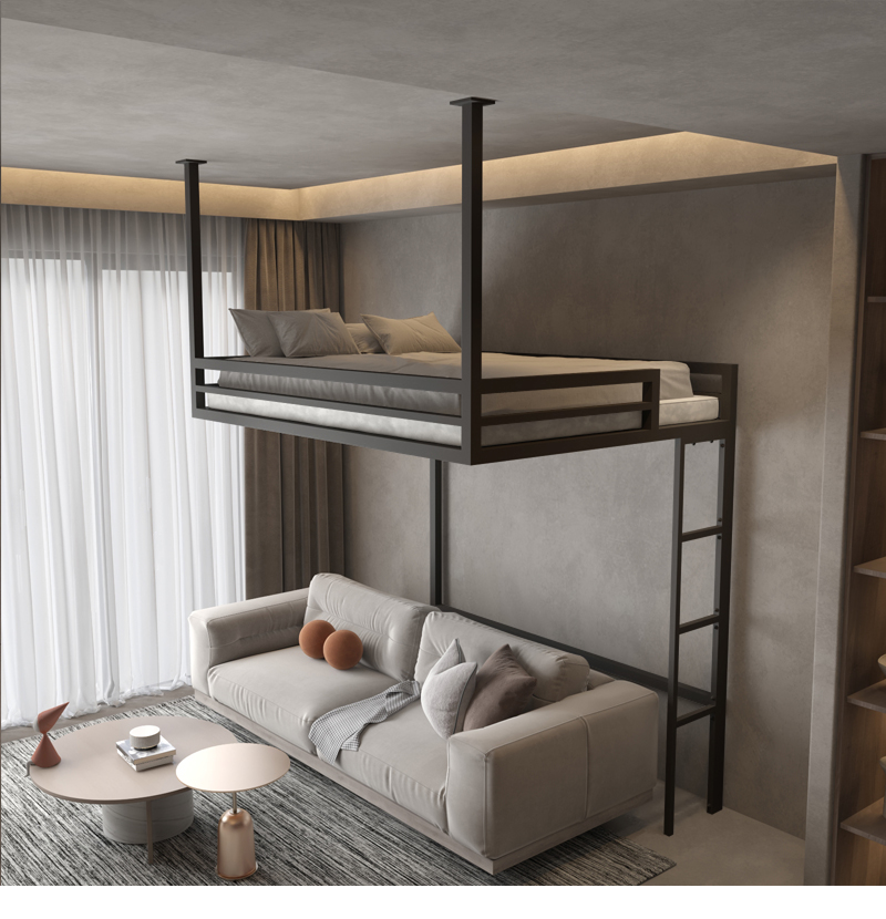 贝意品 贝意品省空间阁楼床现代铁艺高架床上层下空简约小户型挂壁床