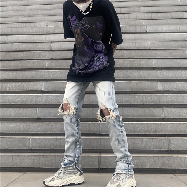 乔森josonyodie驰马欧美高街贾斯丁比伯同款膝盖大破洞牛仔裤街头潮男