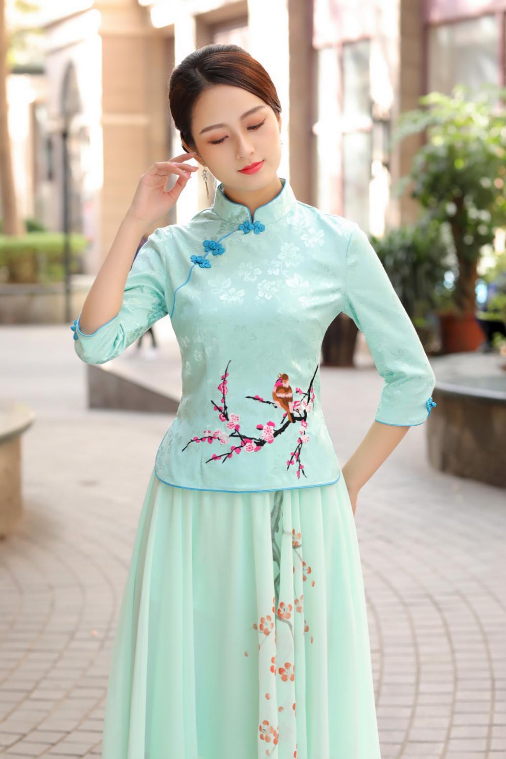 女士唐装半身裙复古改良旗袍两件套民国风女装风套装汉服茶服白色上衣