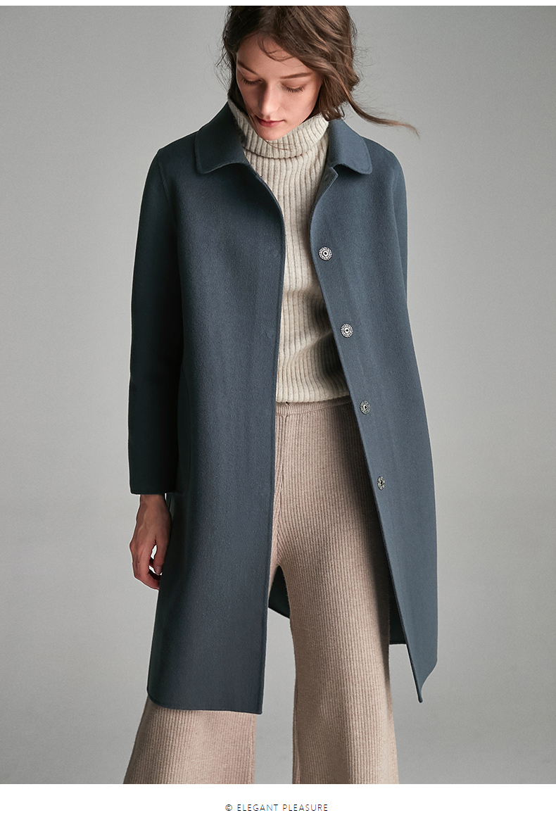 欧黎蔓2020秋冬新款蓝灰色双面毛呢大衣女中长款单排扣羔羊毛外套