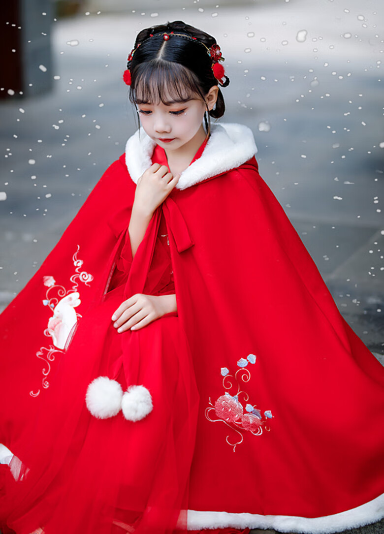 霖蒂欧女童古风披风斗篷冬款中国风汉服外搭刺绣披肩加绒加厚儿童外套