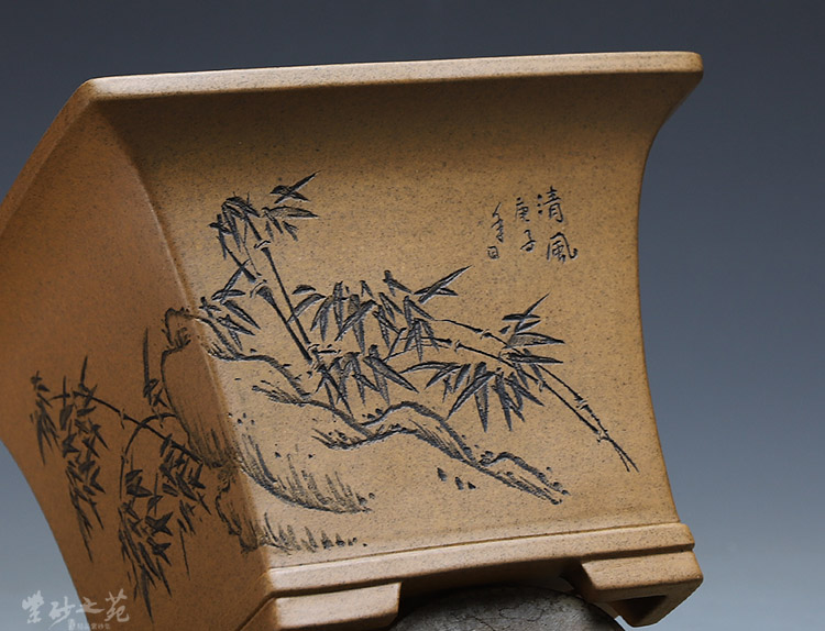 宜兴紫砂花盆秦夕洪四方透气瓢口簕竹君子兰内门竹绿植专用兰花盆 光