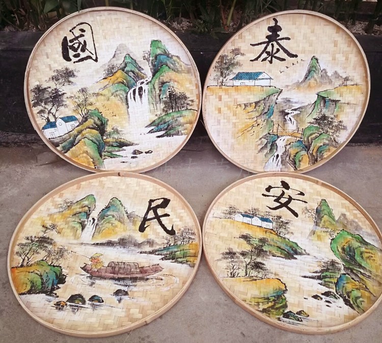 定做竹簸箕画手工画竹匾画竹筛画竹筐画竹编创意画农家乐装饰道具绘画