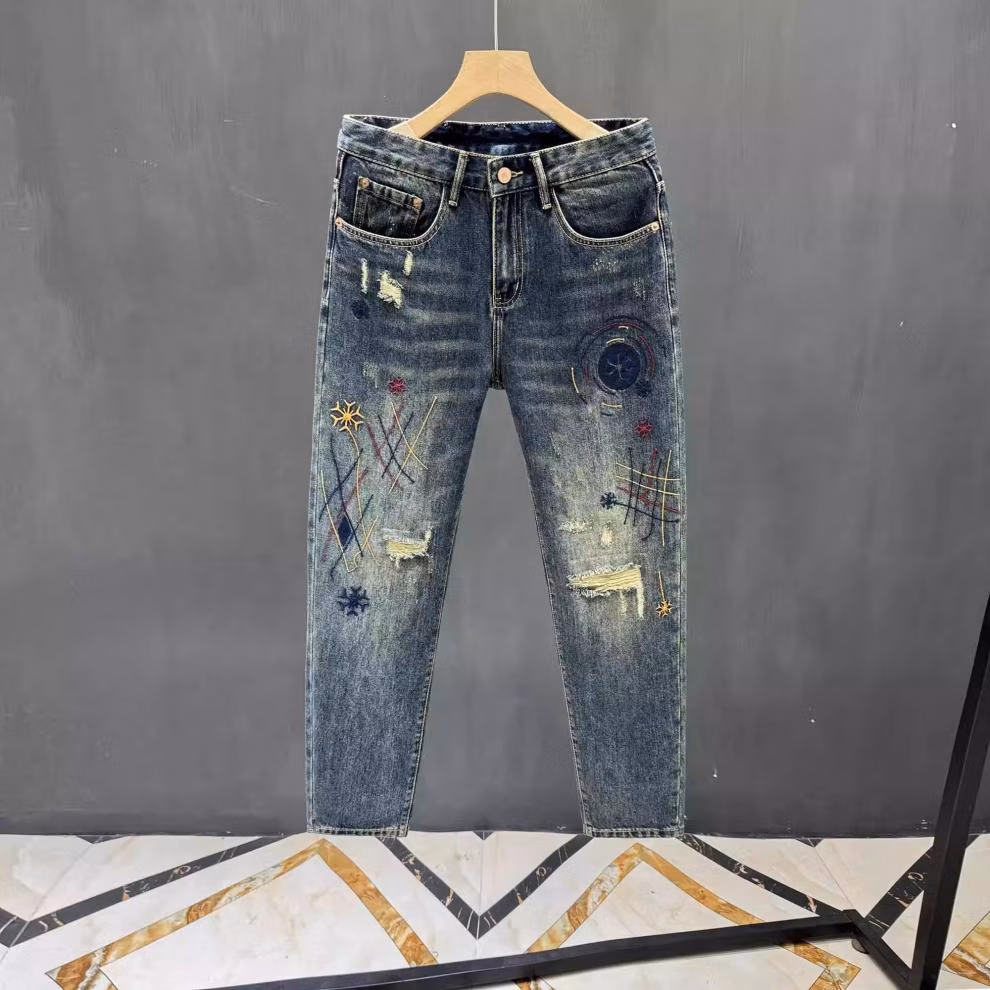 Men's Blue Ripped Patch Jeans American Retro Style Straight Fit_voghion.com