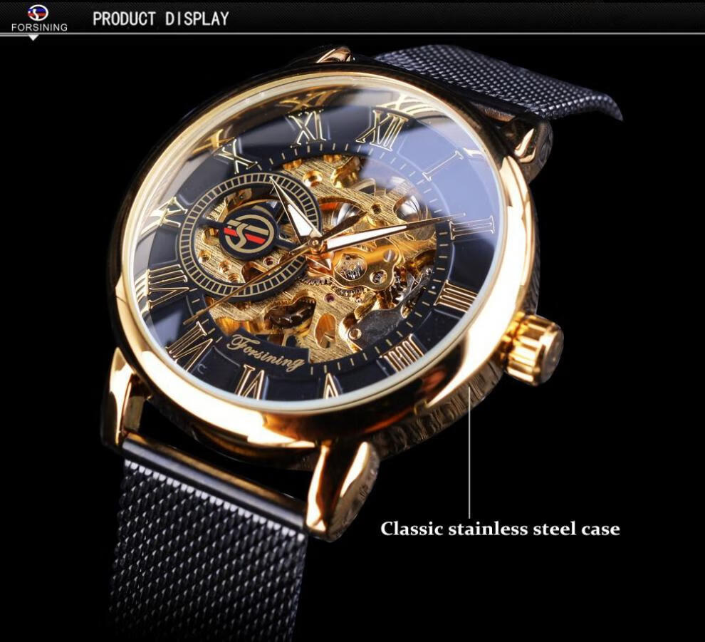 机械手表男士时尚自动机械表镂空上发条表夜光手表银壳黑面银带