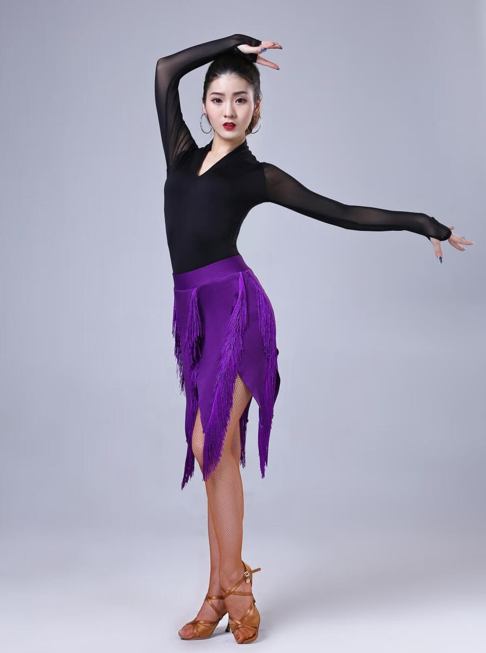 拉丁舞流苏半身裙女训练功服装比赛规定舞蹈半身短裙上衣 紫色裙子 m