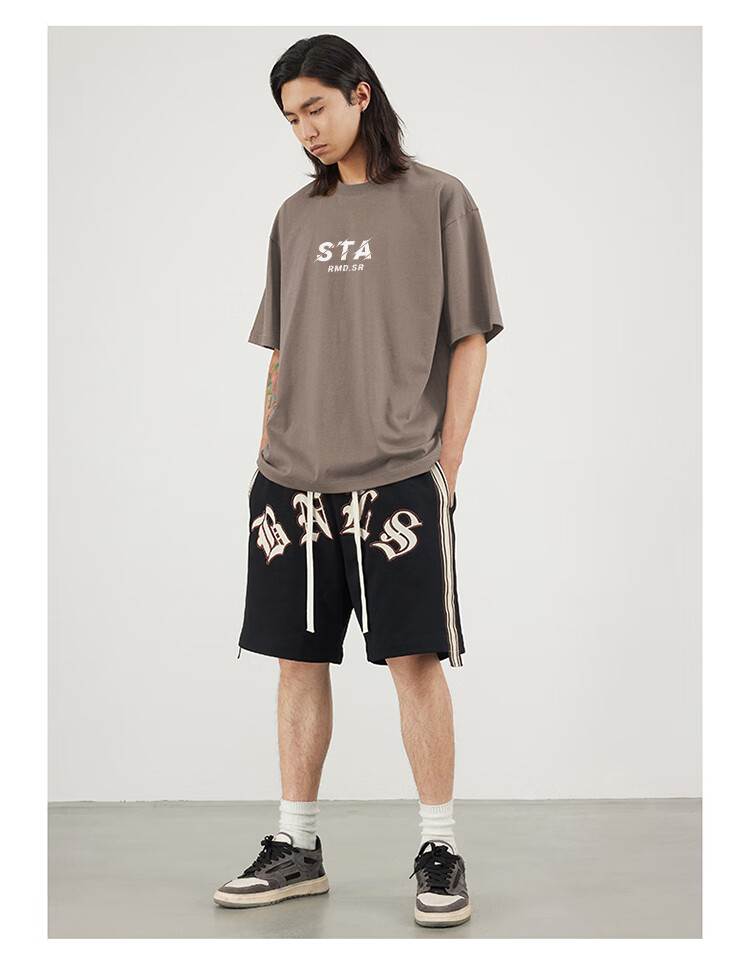 starmdsr夏季潮牌五角星印花宽松圆领情侣短袖t恤男生美式重磅黑色m