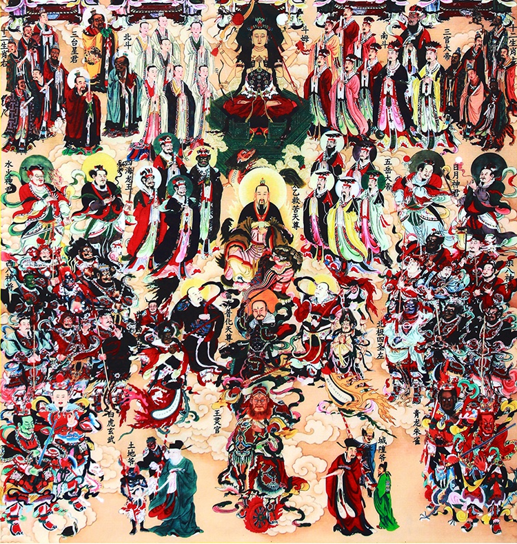 唯利多新款全神图挂画道场道教神像画像诸神图水陆卷轴画神仙画卡其色