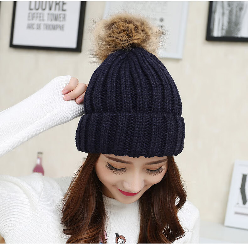 mr新品毛线帽9韩版单色大毛球针织帽冬季女士保暖毛线帽子 藏青色