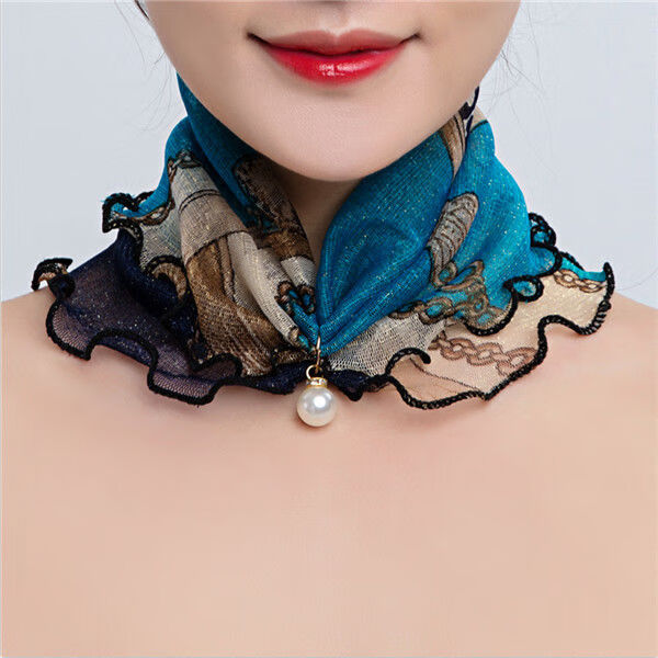 待婉珍珠网纱丝巾春秋薄款韩版网纱套头珍珠小围脖女脖套护颈丝巾时尚