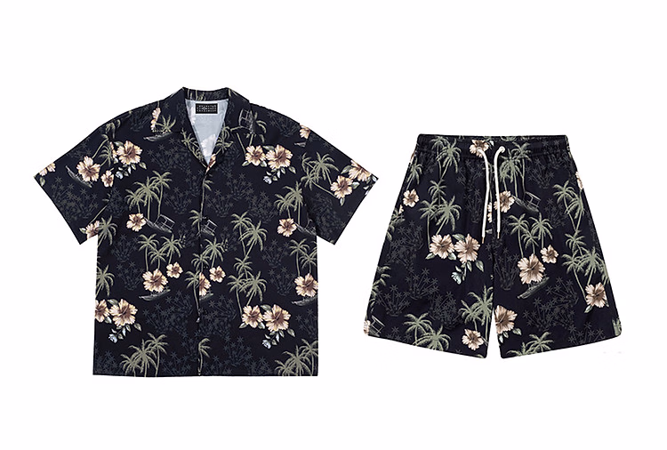 Hawaïaans overhemd en strandshort set voor heren in het zwart_voghion.com