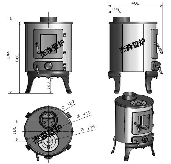 独立真火壁炉 铸铁燃木壁炉 带灶口艺术风格型圆火炉x22 黑色