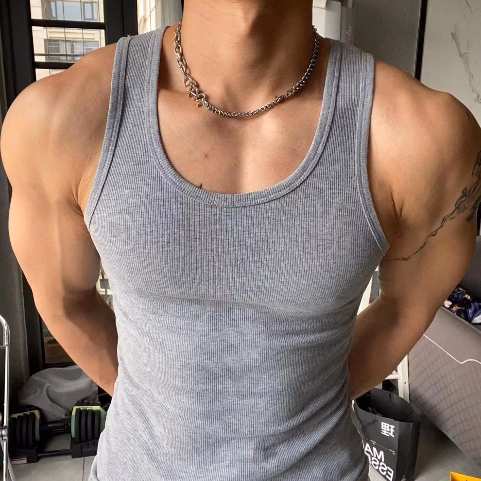 Men's Vest Fitness Elastic Vest Thickened Threaded Vest American Sweat Absorbing Sports Pulled Vest, White 3XL_viptrois.com
