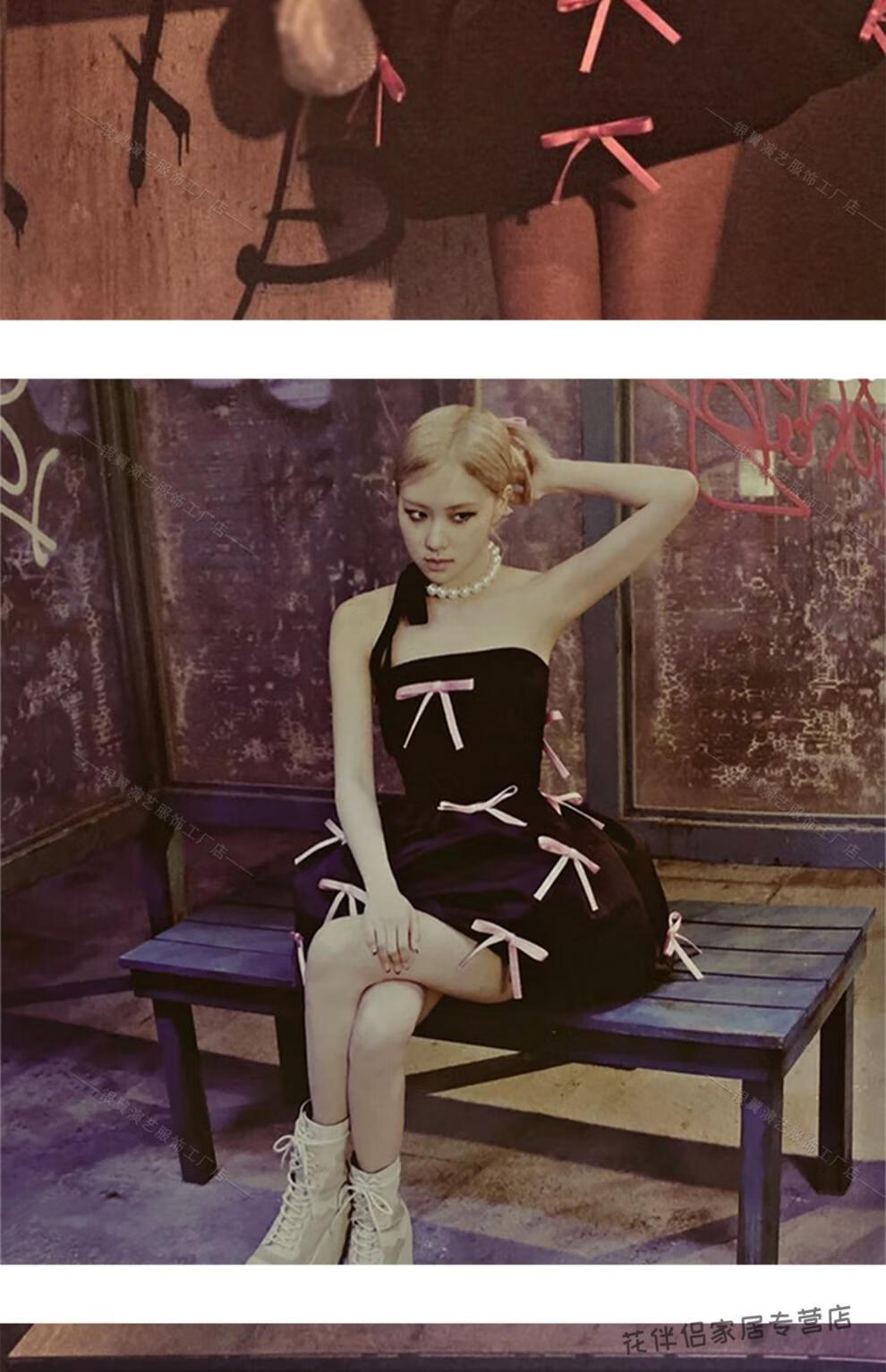 black pink同款跳舞服 rose同款丨抹胸连衣裙蝴蝶结蓬蓬裙小礼服公主