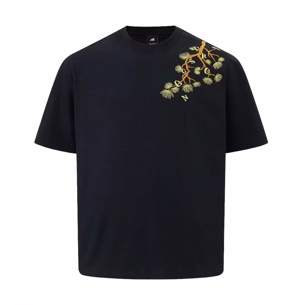 American Flower Embroidered Short-sleeved T-shirt Men's High-end 2026 Summer New Personalized Trendy Brand Loose And Versatile Top, Black 2XL_viptrois.com