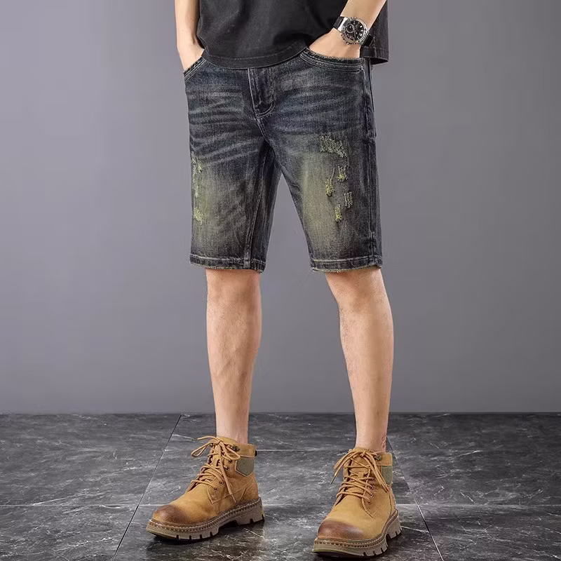 American Retro Denim Shorts Men's 2026 Summer Thin Ripped Scratched Design Handsome Casual Five-point Pants, Blue 28_mkmklike.com