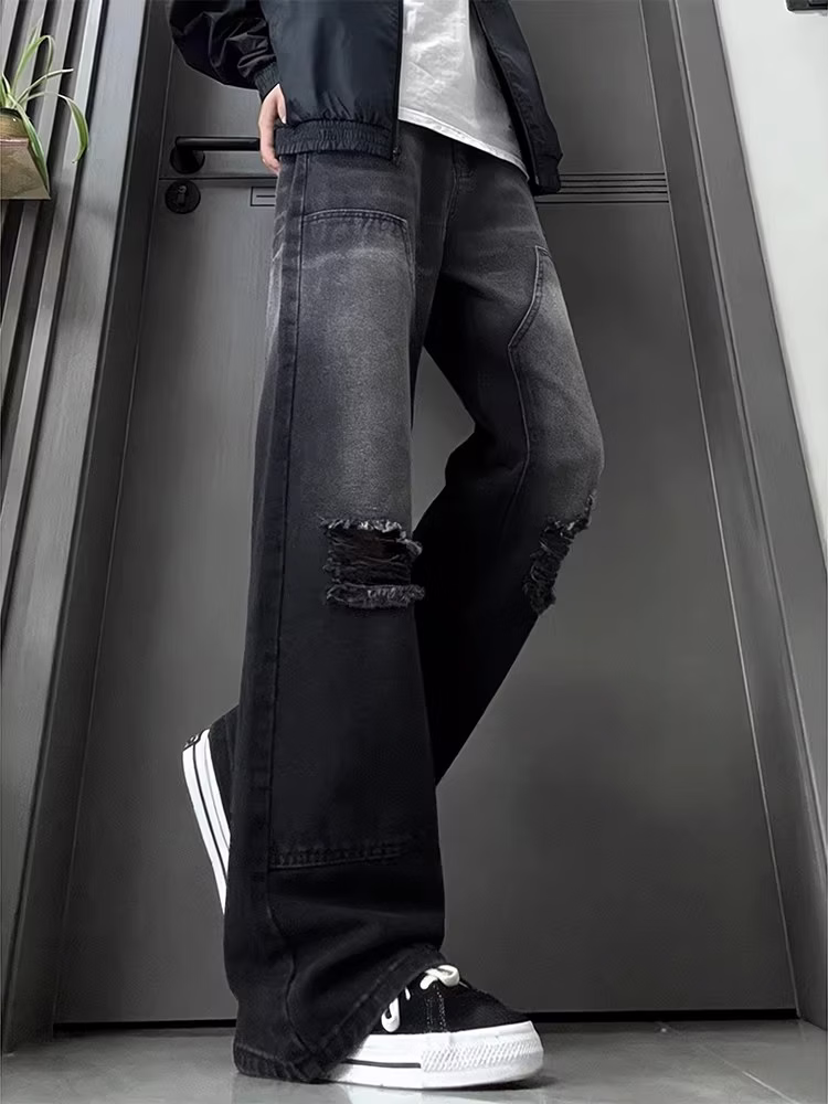 American Fake Ripped Tooling Jeans Men's American Vibe Wide-leg Pants Student Ruffian Handsome Micro-straight Casual Pants, Color (black) S_mkmklike.com