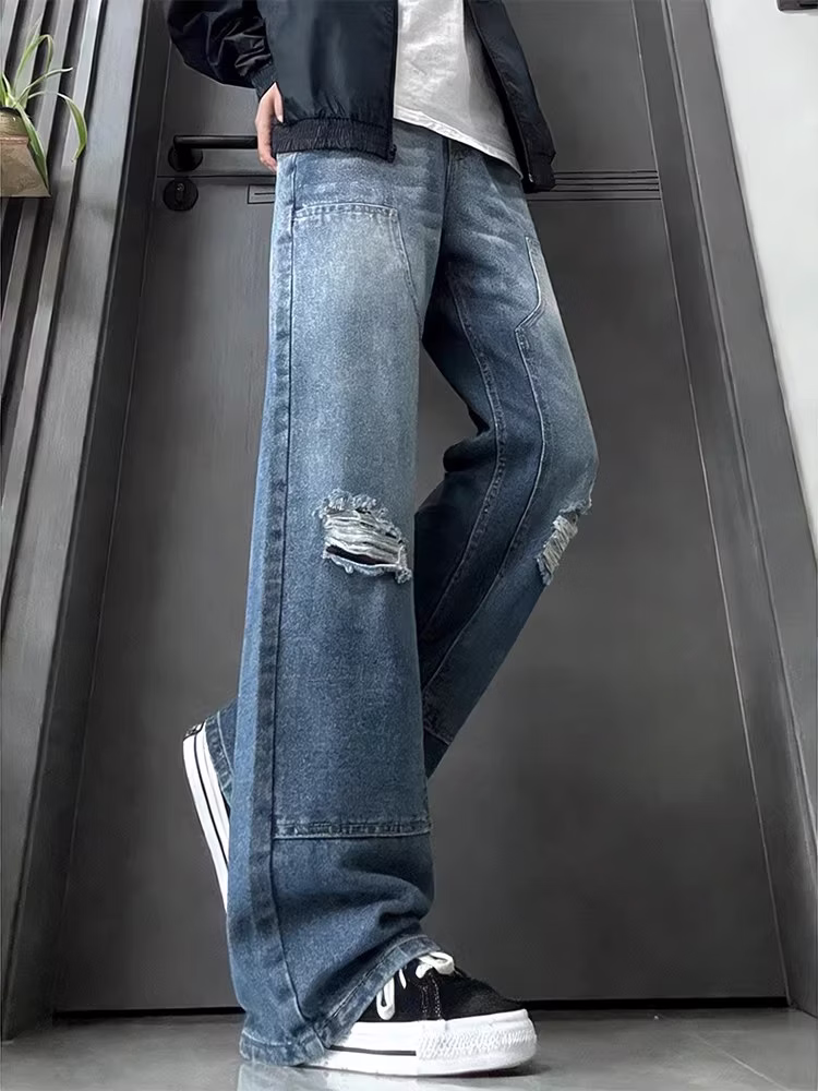 American Fake Ripped Tooling Jeans Men's American Vibe Wide-leg Pants Student Ruffian Handsome Micro-straight Casual Pants, Color (black) S_mkmklike.com
